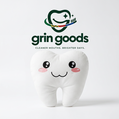 Tooth cushion on a white background with the Grin Goods logo behind it